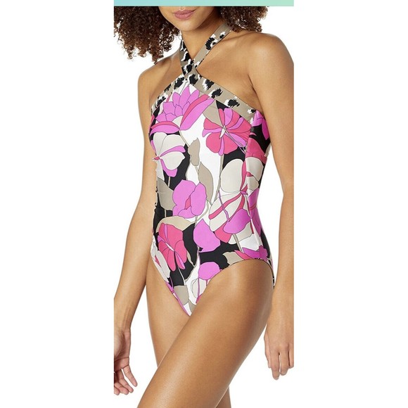 Trina Turk NWT Lynx Ruffle High Neck Reversible 1 Piece Bathing Suit size 12 - Picture 4 of 9